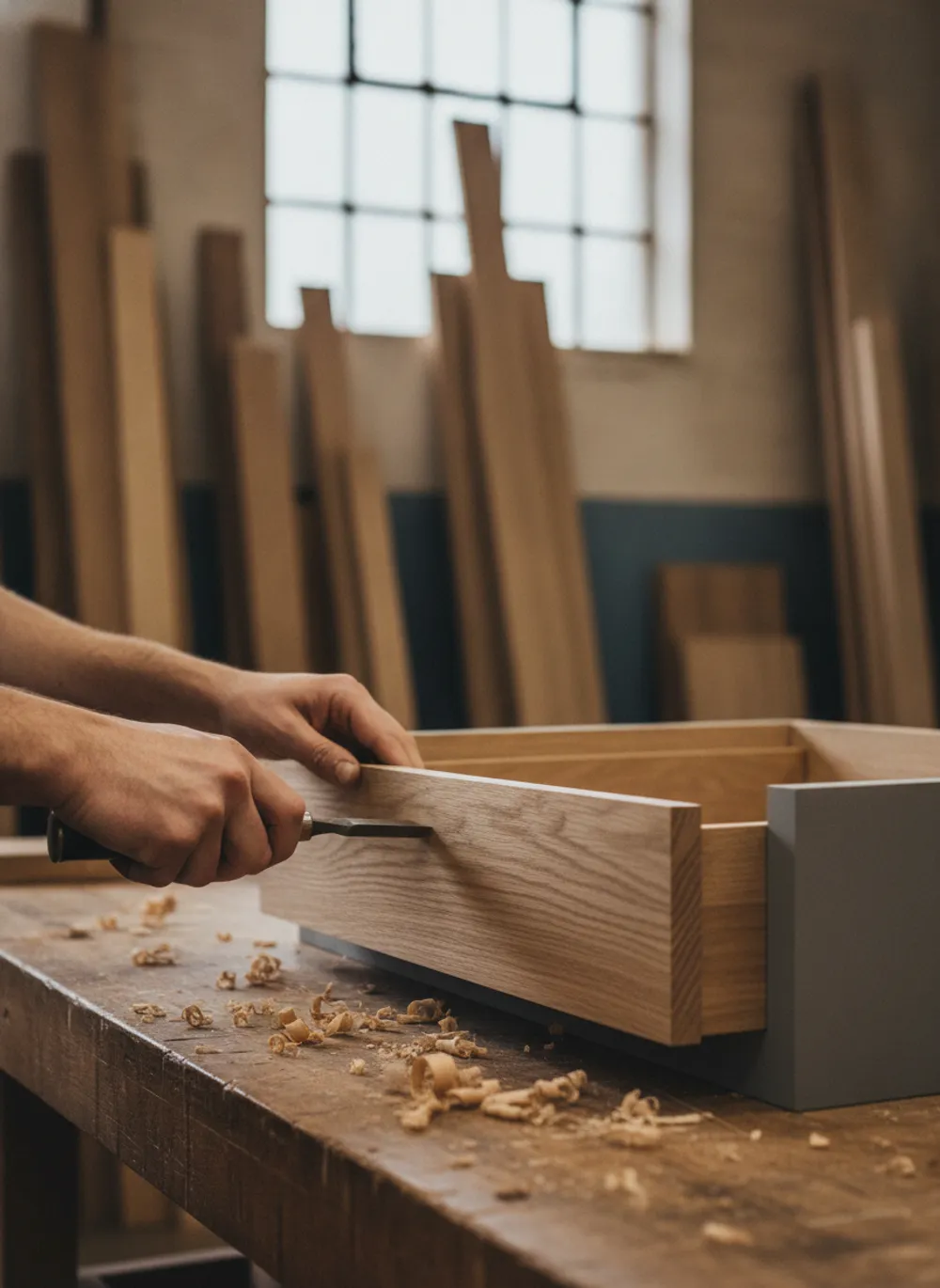 Tischler setzt eine Schubladenfront aus Eiche in ein Sideboard ein, Hobelspäne auf der Werkbank